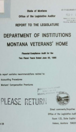 Department of Institutions, Montana Veterans' Home, financial-compliance audit for the two fiscal years ended June 30, 1986 : report to the Legislature_cover