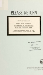 Department of Institutions, Montana Veterans' Home, financial-compliance audit for the two fiscal years ended June 30, 1984 : report to the Legislature_cover