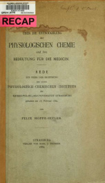 Über die Entwickelung der physiologischen Chemie und ihre Bedeutung für die Medicin; Rede zur Feier der Eröffnung des neuen Physiologisch-Chemischen Instituts der Kaiser-Wilhelms-Universität Strassburg, gehalten am 18. Februar 1884_cover