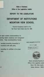 Department of Institutions, Mountain View School, report to the Legislature : financial-compliance audit for the two fiscal years ended June 30, 1986_cover