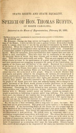 State rights and state equality : speech of Hon. Thomas Ruffin, of North Carolina, delivered in the House of Representatives, February 20, 1861_cover