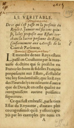 Le Veritable. : De ce qui s'est passe en la presence du roy le 8. Ianuier mil six cents quinze, la loy proposee aux Estats touchant la Sacree personne des Roys, conformement aux arrests de la Cour de Parlement_cover