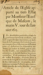 Article de l'Eglise apporté au tiers Estat par Monsieur l'Eusque de Mascon : le matin V. iour de Ianuier 1615_cover