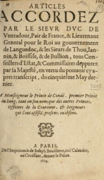 Articles accordez par le sievr Dvc de Ventadour, Pair de France, & lieutenant general pour le Roi au gouuernement de Languedoc, & les sieurs de Thou, Iannin, & Boissise, et de Bullion, tous conseillers d'Estats, & commissaires depputez par Sa Majesté, en _cover