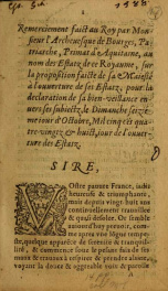 Remerciement faict au roy, par monsieur l'archeuesque de Bourges, patriarche, primat d'Aquitaine, au nom des estatz de ce royaume, sur la proposition faicte de sa maiesté à l'ouuerture de ses estatz, : pour la declaration de sa bien-veillance enuers ses s_cover