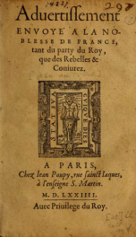 Aduertissement envoyé a la noblesse de France : tant du party du Roy que des rebelles & Coniurez_cover