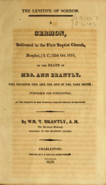 The lenitive of sorrow : a sermon, delivered in the First Baptist Church, Beaufort, (S.C.) 25th Oct. 1818, on the death of Mrs. Ann Brantly, who departed this life the 15th of the same month_cover