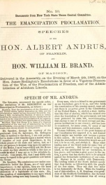 The Emancipation Proclamation : speeches of the Hon. Albert Andrus, of Franklin, and Hon. William H. Brand, of Madison, delivered in the Assembly, on the evening of March 4th, 1863, on the Hon. James Redington's resolutions in favor of a vigorous prosecut_cover