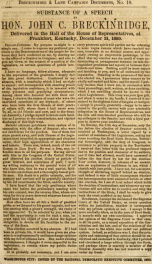 Substance of a speech by Hon. John C. Breckinridge : delivered in the hall of the House of Representatives, at Frankfort, Kentucky, December 21, 1859_cover