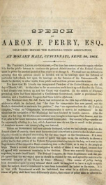 Speech of Aaron F. Perry, Esq. : delivered before the National Union Association, at Mozart Hall, Cincinnati, Sept. 20, 1864_cover