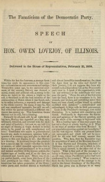 The fanaticism of the Democratic Party speech of Hon. Owen Lovejoy, of Illinois ; delivered in the U.S. House of Representatives, February 21, 1859_cover