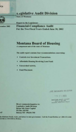 Montana Board of Housing, a component unit of the State of Montana financial-compliance audit for the two fiscal years ended June 30, ..._cover