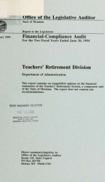 State of Montana, Teachers' Retirement Division, financial/compliance audit for the two fiscal years ended June 30, .._cover