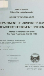 State of Montana, Teachers' Retirement Division, financial/compliance audit for the two fiscal years ended June 30, .._cover