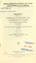 Implementation of the Helsinki accords : hearing before the Commission on Security and Cooperation in Europe, One Hundred Third Congress, first session, the Yugoslav conflict, potential for spillover in the Balkans, July 21, 1993_cover