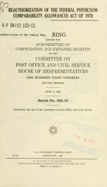 Reauthorization of the Federal Physicians Comparability Allowances Act of 1978 : hearing before the Subcommittee on Compensation and Employee Benefits of the Committee on Post Office and Civil Service, House of Representatives, One Hundred Third Congress,_cover