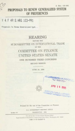 Proposals to renew Generalized System of Preferences : hearing before the Subcommittee on International Trade of the Committee on Finance, United States Senate, One Hundred Third Congress, second session, June 20, 1994_cover